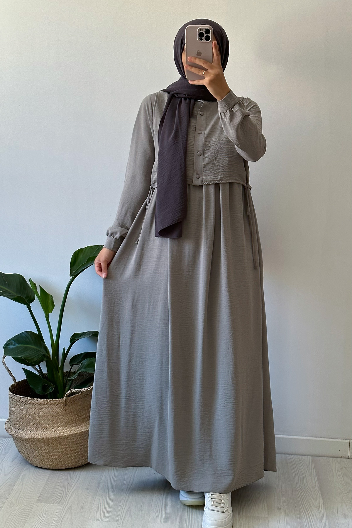 Hanne Düğmeli Tesettür Elbise - Gri