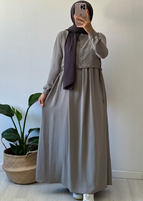 Hanne Düğmeli Tesettür Elbise - Gri