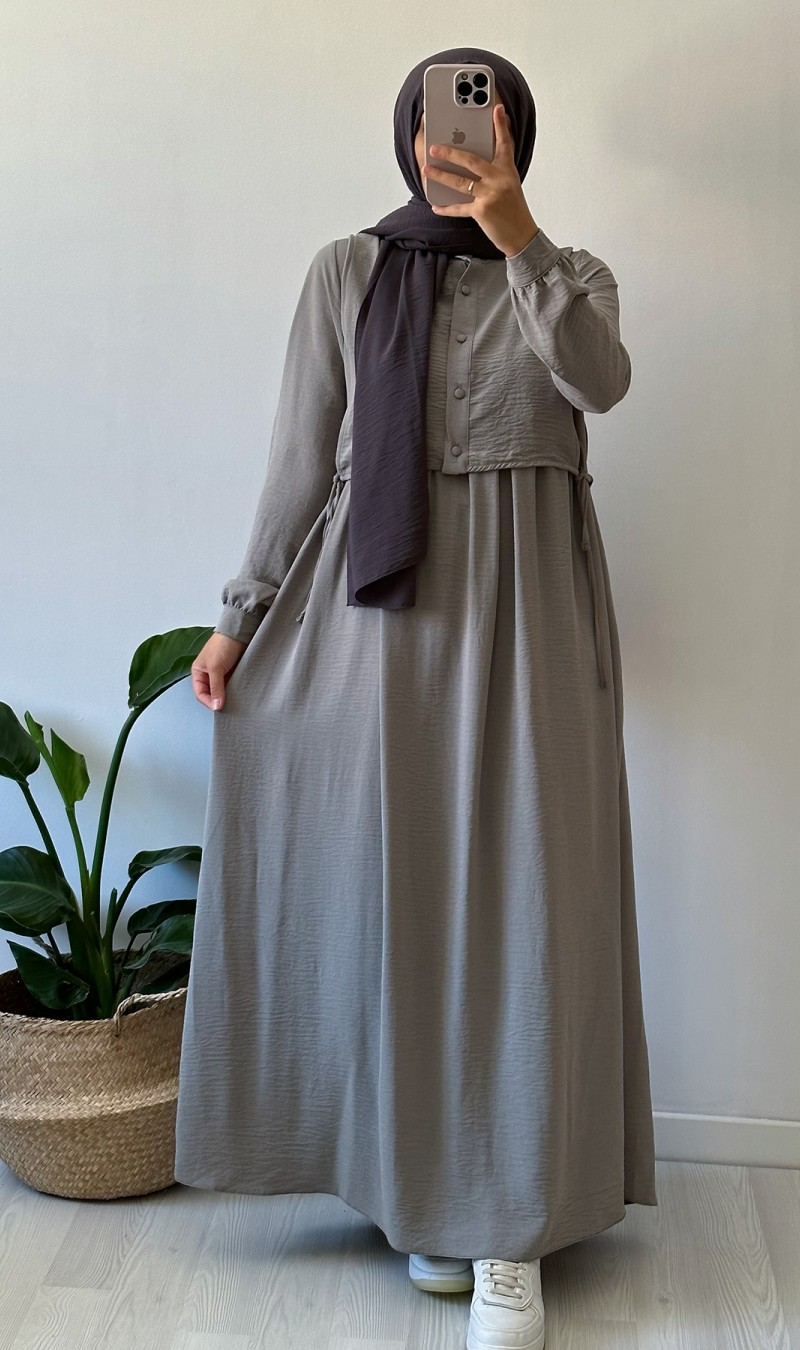 Hanne Düğmeli Tesettür Elbise - Gri
