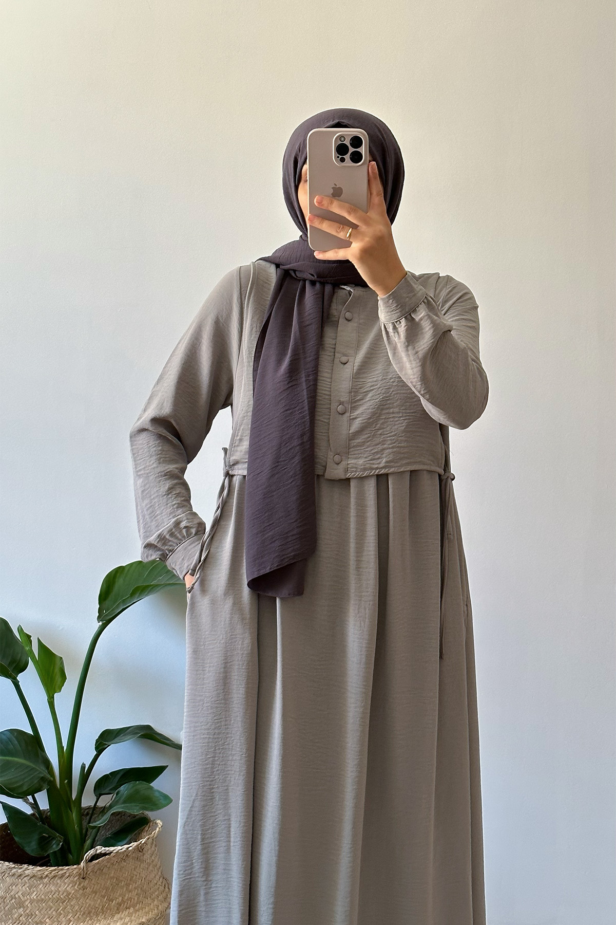 Hanne Düğmeli Tesettür Elbise - Gri