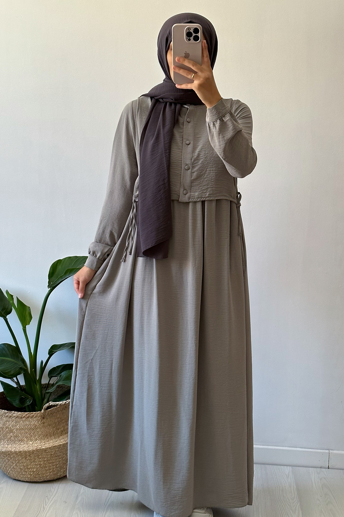 Hanne Düğmeli Tesettür Elbise - Gri