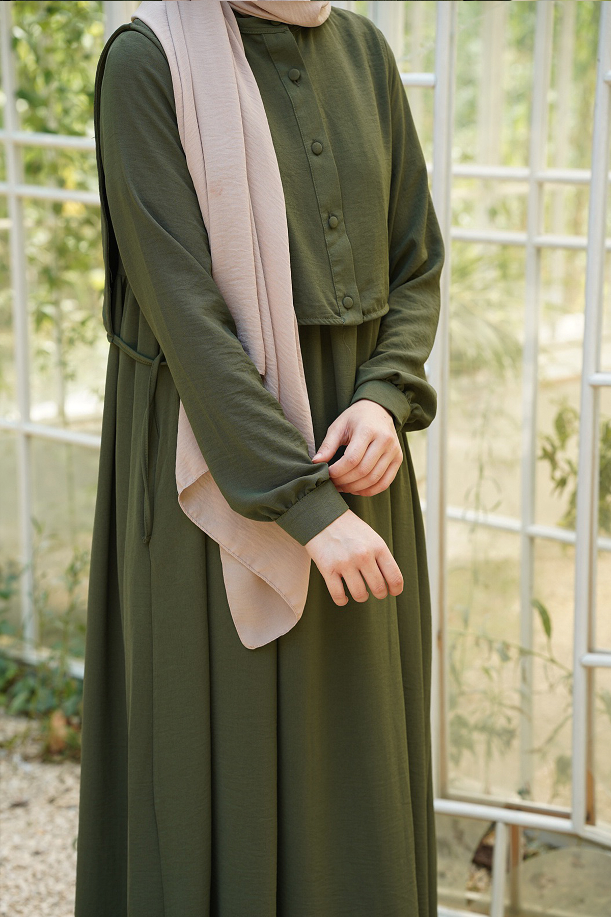 Hanne Düğmeli Tesettür Elbise - Haki