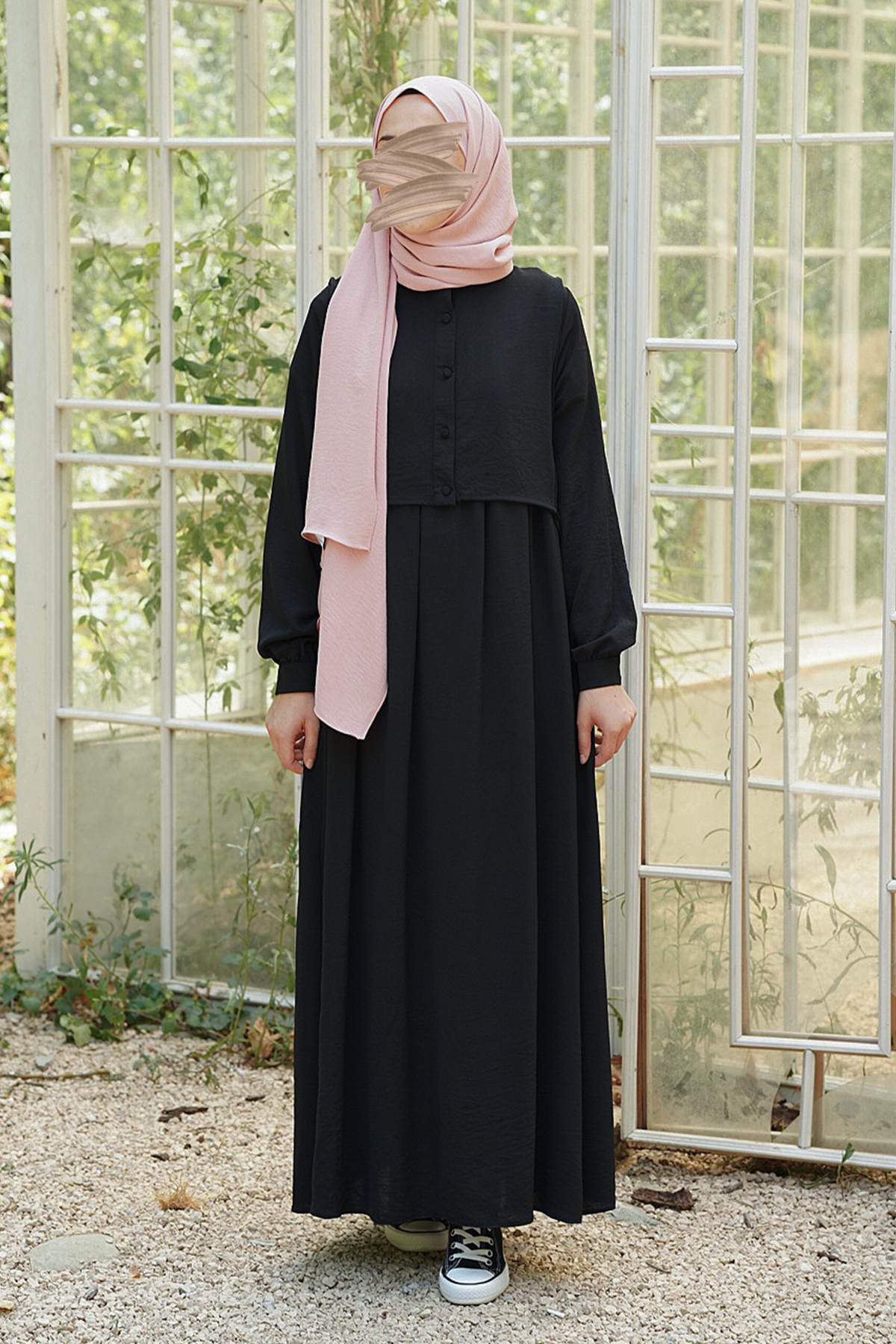 Hanne Düğmeli Tesettür Elbise - Siyah
