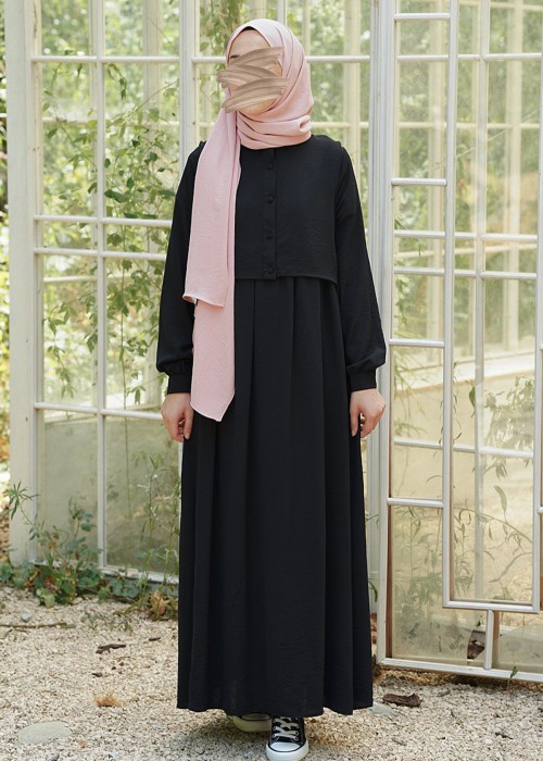 Hanne Düğmeli Tesettür Elbise - Siyah