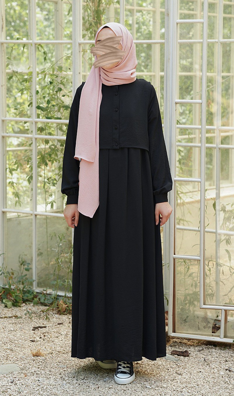 Hanne Düğmeli Tesettür Elbise - Siyah
