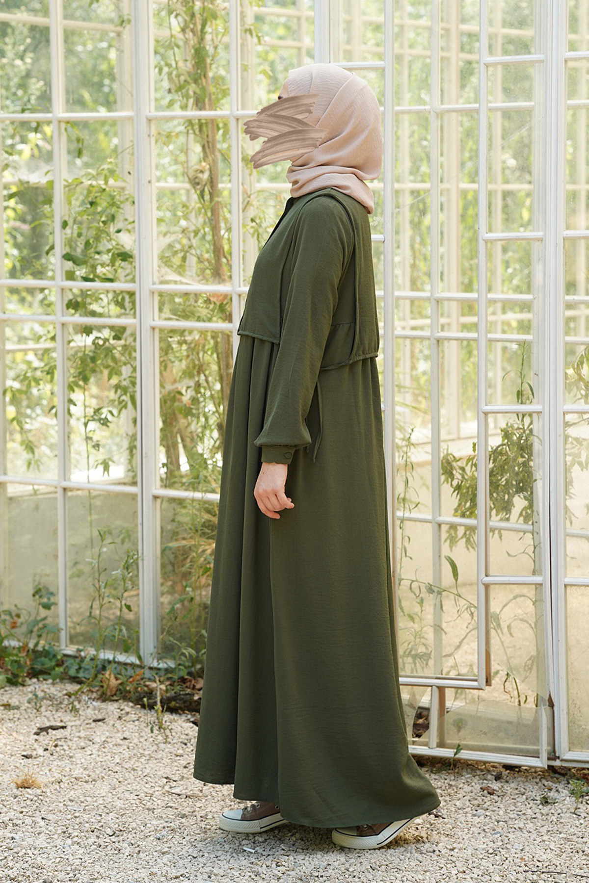 Hanne Düğmeli Tesettür Elbise - Haki