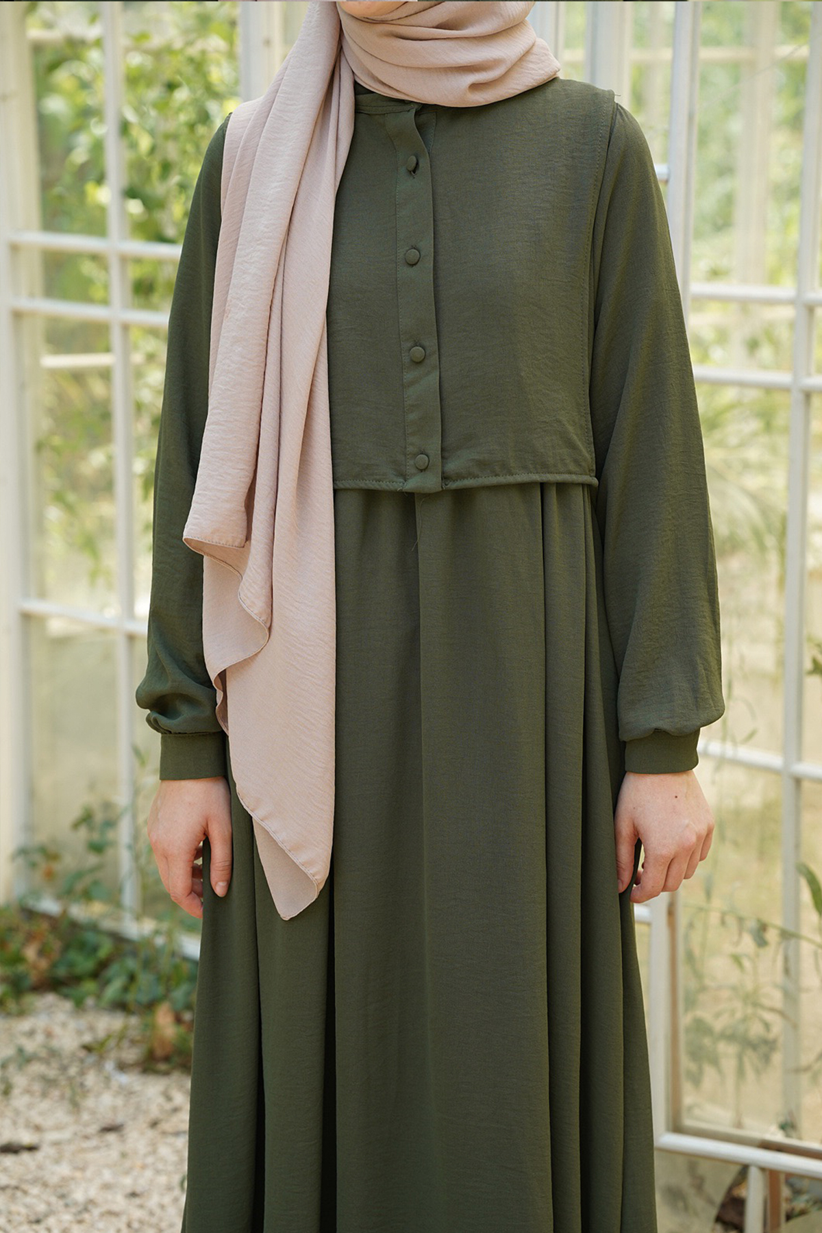 Hanne Düğmeli Tesettür Elbise - Haki