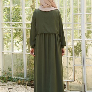 Hanne Düğmeli Tesettür Elbise - Haki