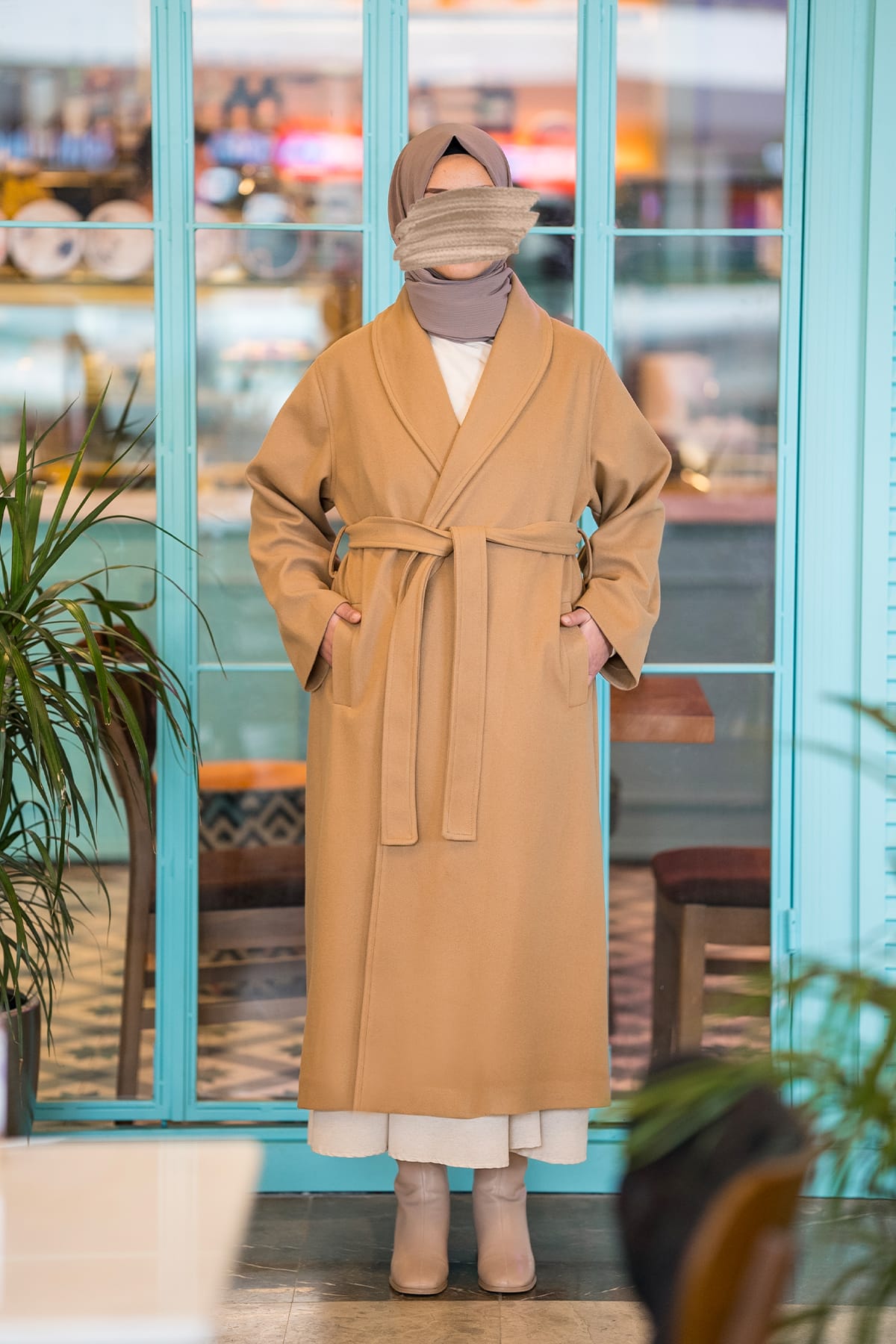 Şal Yaka Kaşe Kaban - Camel