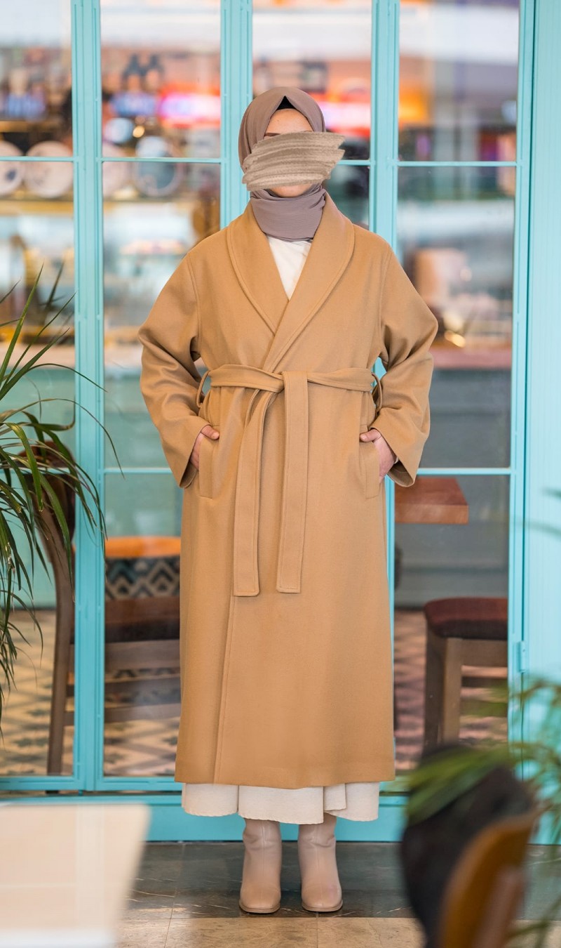 Şal Yaka Kaşe Kaban - Camel