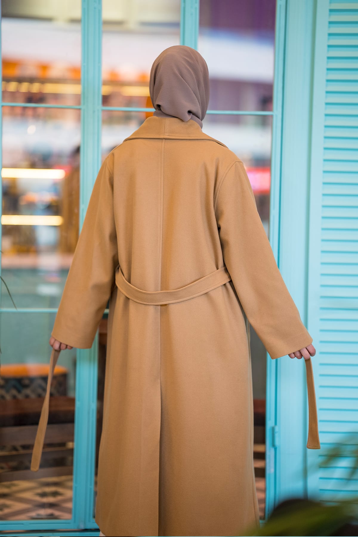 Şal Yaka Kaşe Kaban - Camel