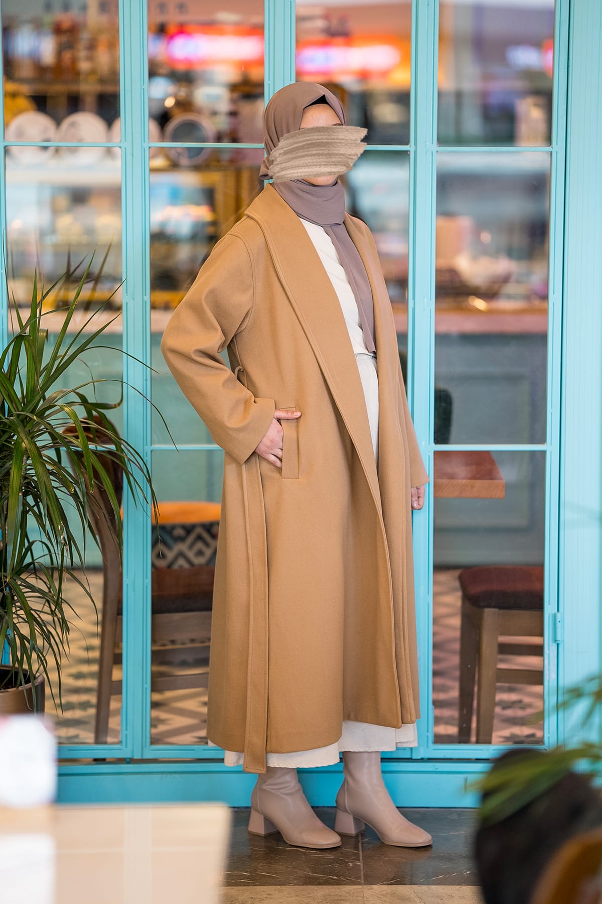 Şal Yaka Kaşe Kaban - Camel
