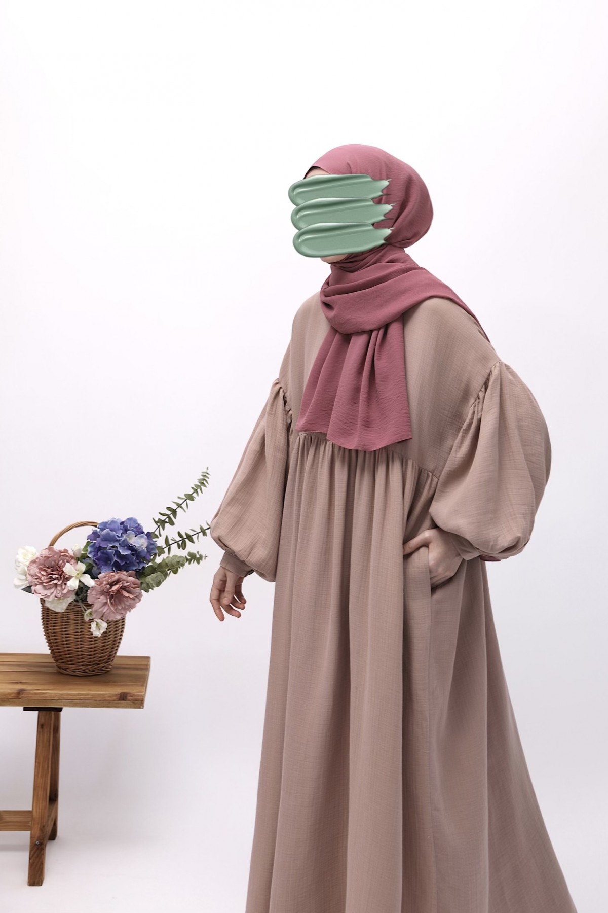 Robalı Müslin Elbise - Pudra