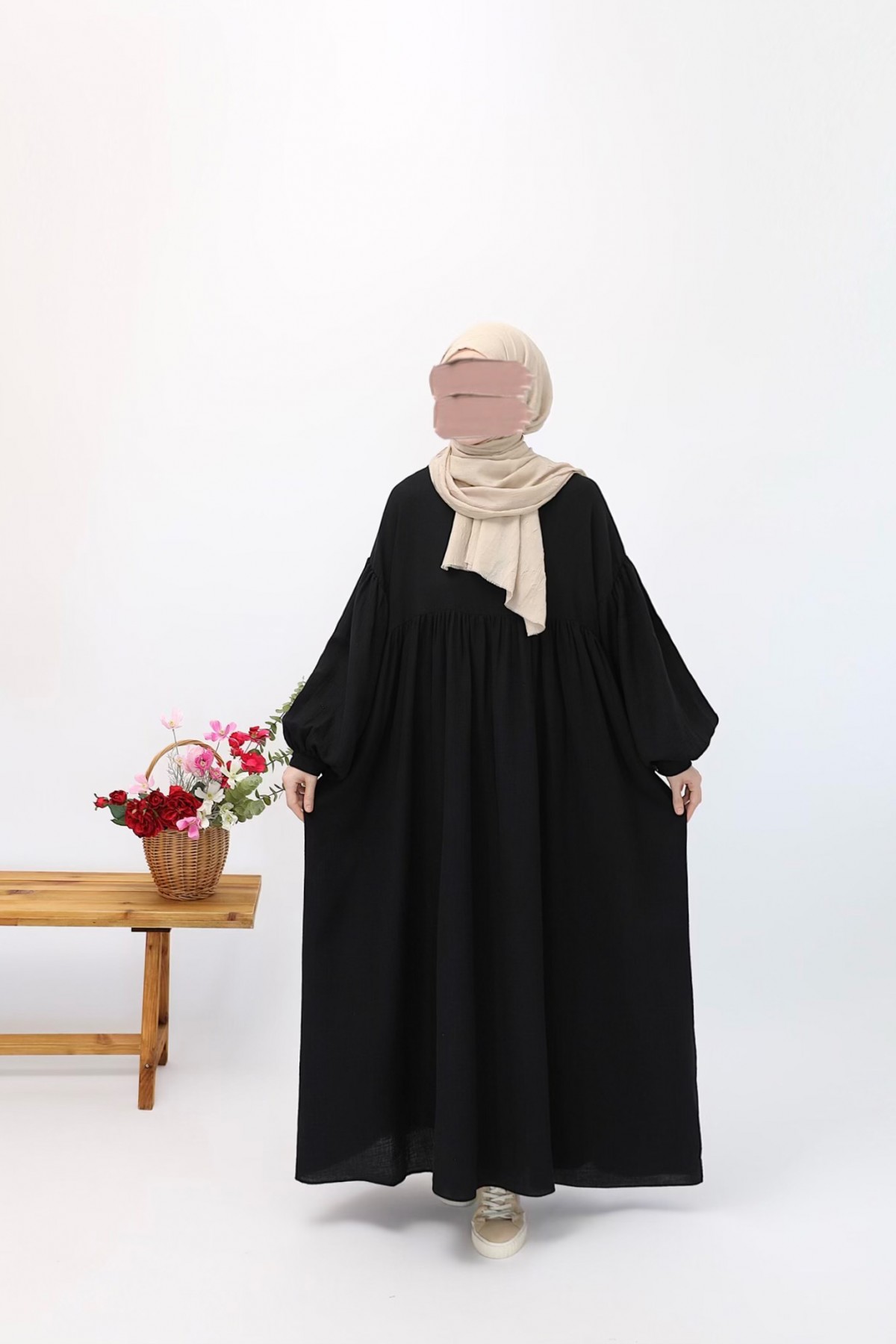 Robalı Müslin Elbise - Siyah