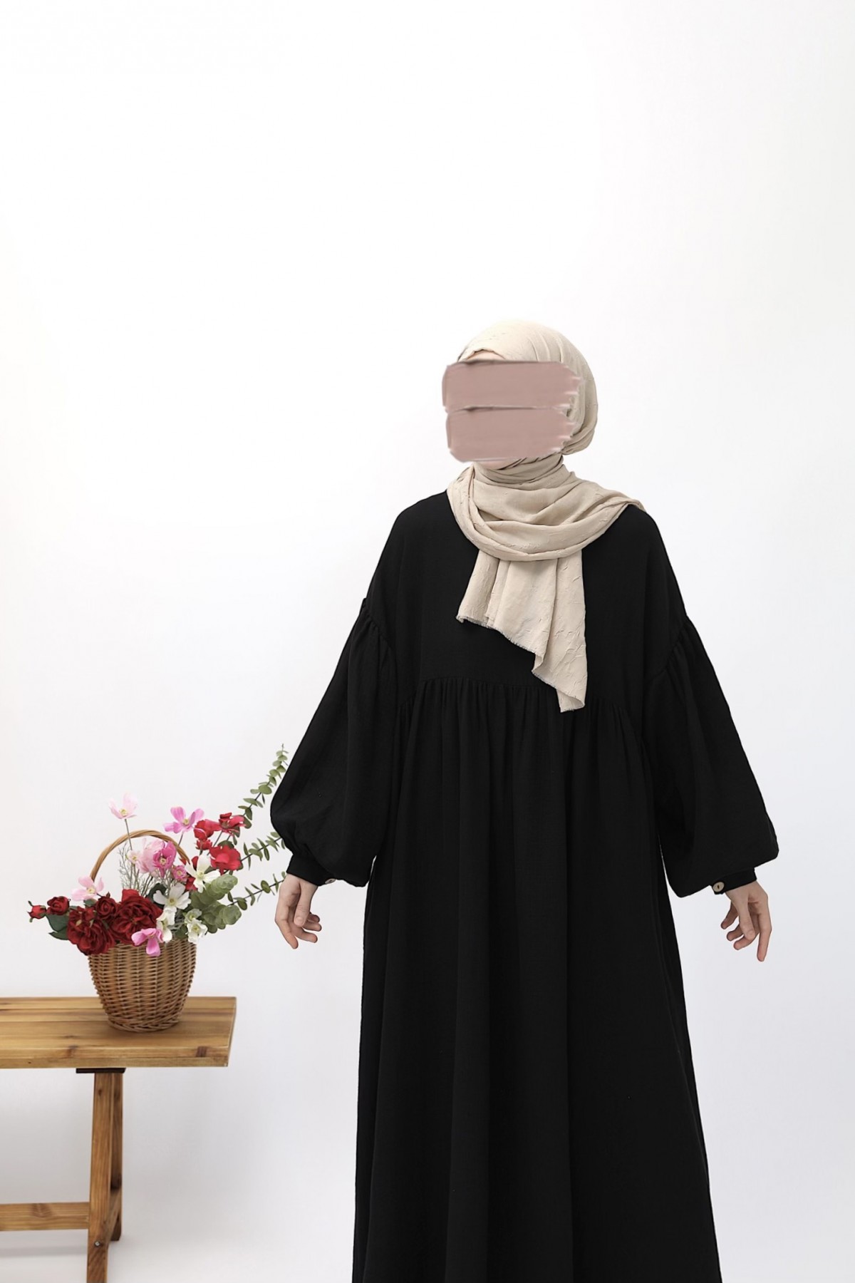 Robalı Müslin Elbise - Siyah