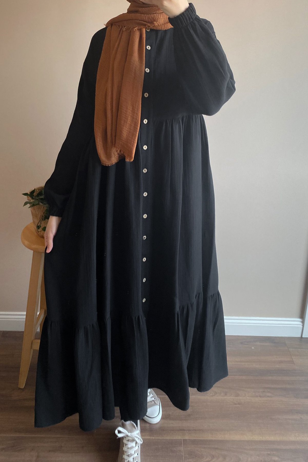 Müslin Tesettür Elbise - Siyah