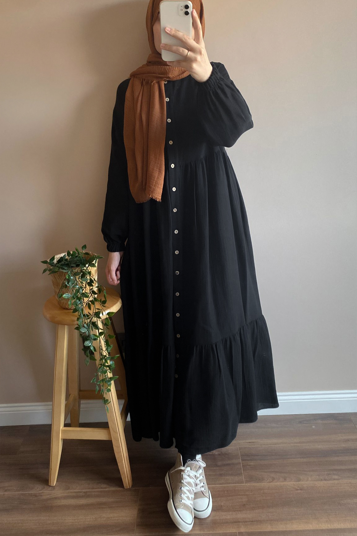 Müslin Tesettür Elbise - Siyah